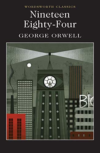 Cover of "Nineteen Eighty-Four" by George Orwell, featuring a dystopian cityscape.