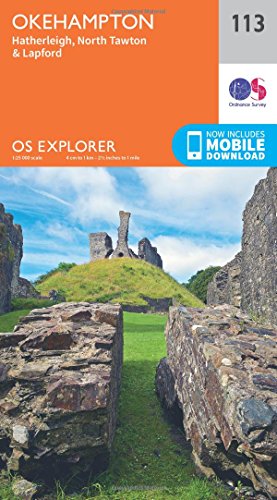 Ordnance Survey Explorer map 113 for Okehampton featuring ruins on a grassy hill.