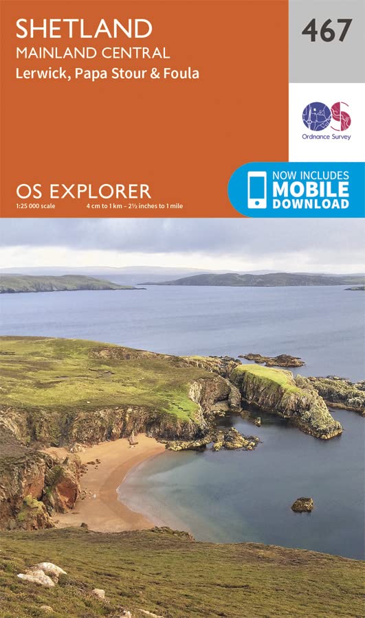 Ordnance Survey Explorer map cover for Shetland Mainland Central featuring a coastal landscape photograph.