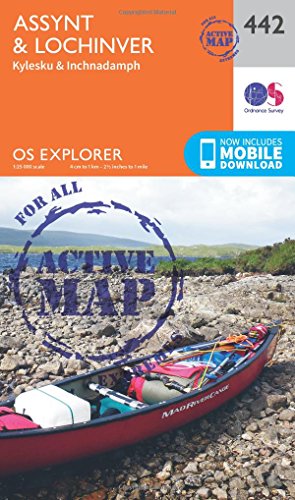 Outdoor map cover featuring Assynt and Lochinver, with a kayak image.