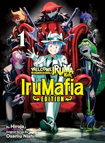 Iruma sits in a red throne surrounded by anime characters in mafia-style attire.