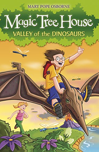 "Book cover featuring a boy riding a pterodactyl with a girl in the background."