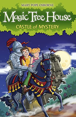 "Book cover featuring a knight on horseback with two children, set against a castle and moonlit sky."