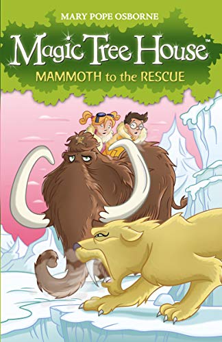 Two children ride a mammoth while a saber-toothed cat stalks them in the snow.