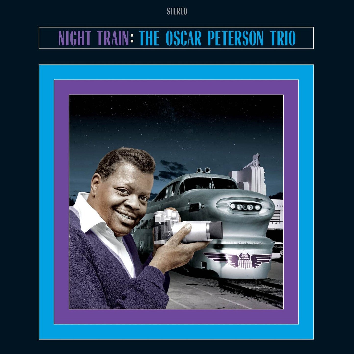 Album cover for Oscar Peterson’s “Night Train” featuring a train and portrait.