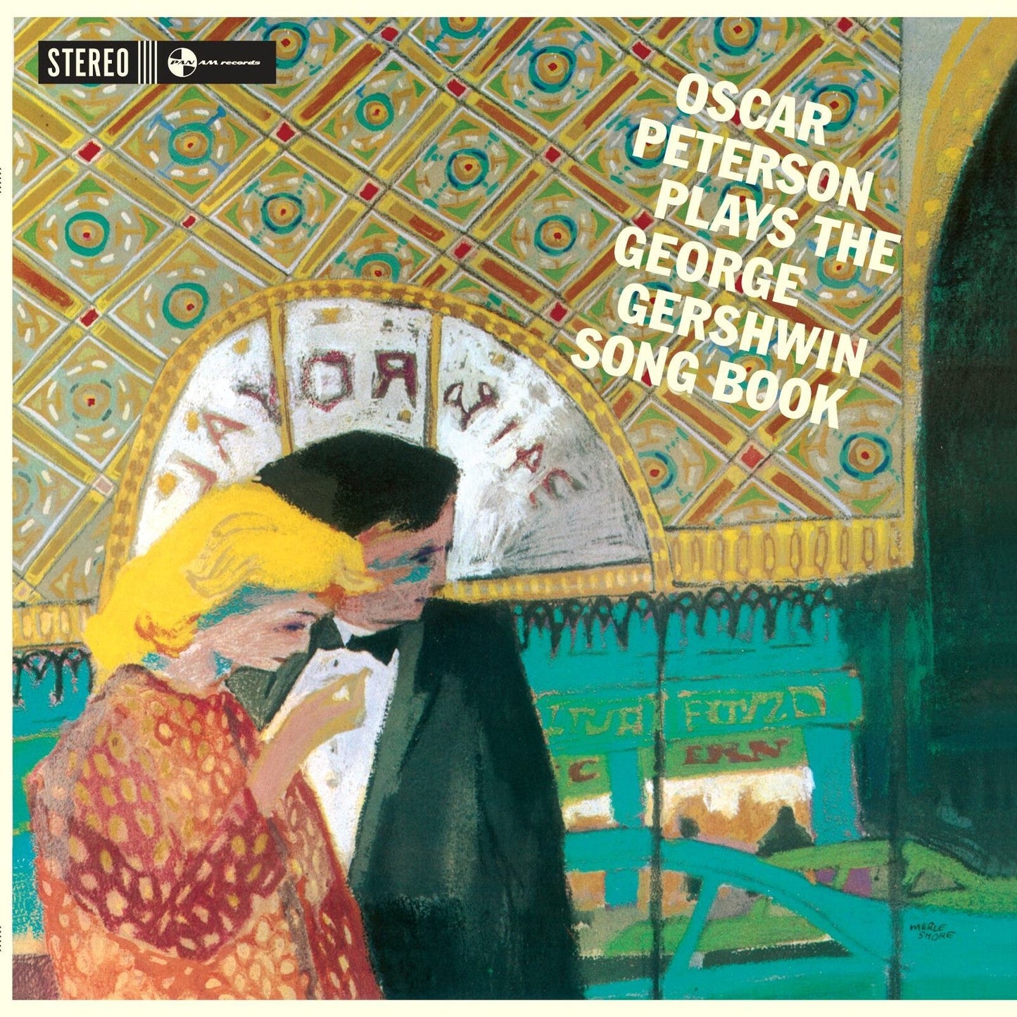 Oscar Peterson album cover with painted couple and geometric background.