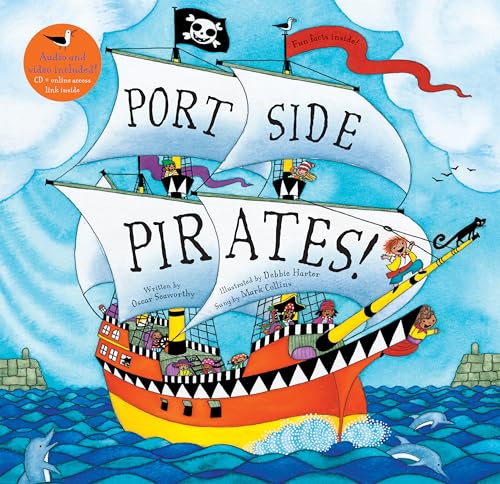 Colorful illustration of a pirate ship with diverse cartoon pirates.