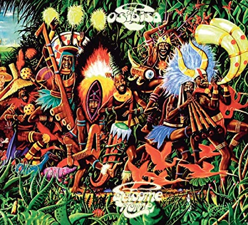 "Album cover art featuring tribal warriors in a jungle scene with vibrant colors and patterns."