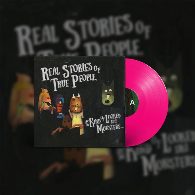 Pink vinyl record with illustrated cover featuring animal-like characters.