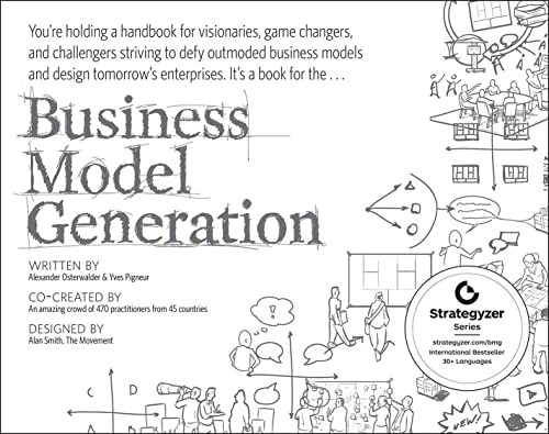 Book cover titled Business Model Generation with hand-drawn sketches and diagrams on white background.