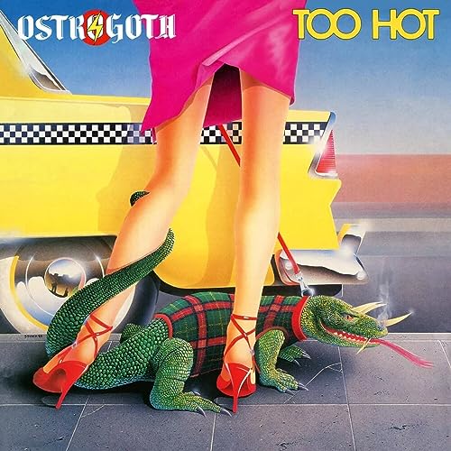 Album cover: woman, lizard, taxi, checkered floor, vibrant 80s style.
