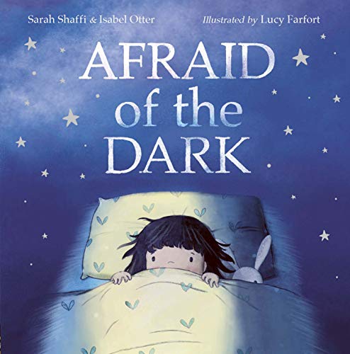 Book cover: child under covers with a bunny, starry night.