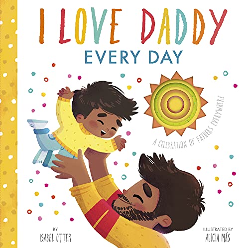 Book cover depicting a child being lifted by a father, sunny illustration.