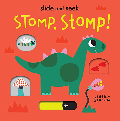 Book cover with a green dinosaur, sliding tab, and colorful mushrooms.