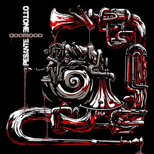 Black and red abstract illustration of brass instruments and dripping liquid.
