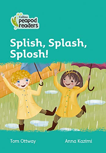 Book cover: two children in yellow coats joyfully play in the rain.
