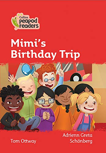 Book cover: children with a red train, titled "Mimi's Birthday Trip".