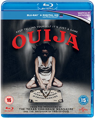 Ouija" Blu-ray cover featuring a woman and a vintage Ouija board.