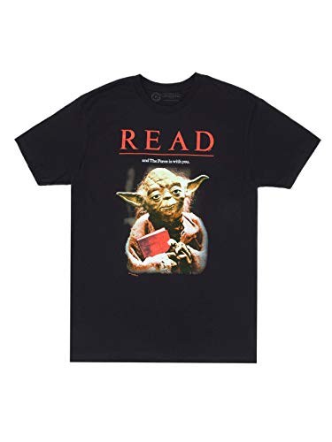 Black t-shirt with image of Yoda reading a red book, text "READ".