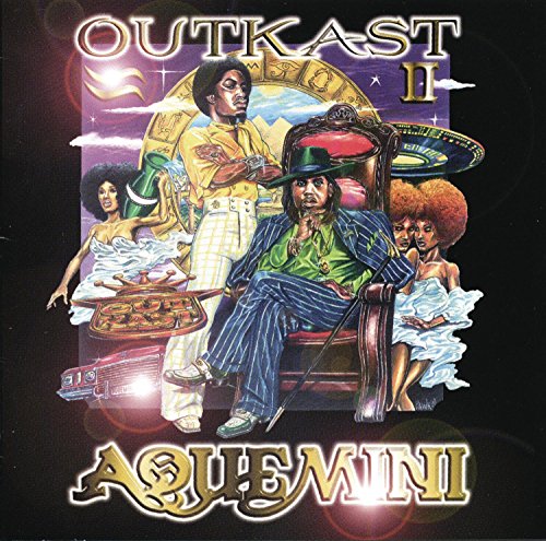 Outkast’s “Aquemini” CD cover: colorful illustration with figures and celestial motifs.