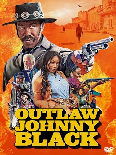 Movie poster for Outlaw Johnny Black featuring a cast of characters against fiery background.
