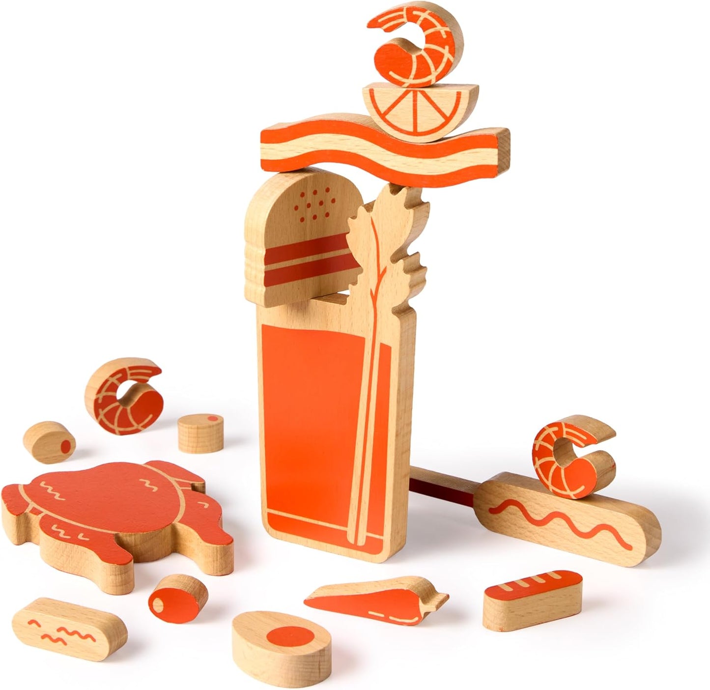 Wooden stacking game depicting a Bloody Mary cocktail and garnishes.