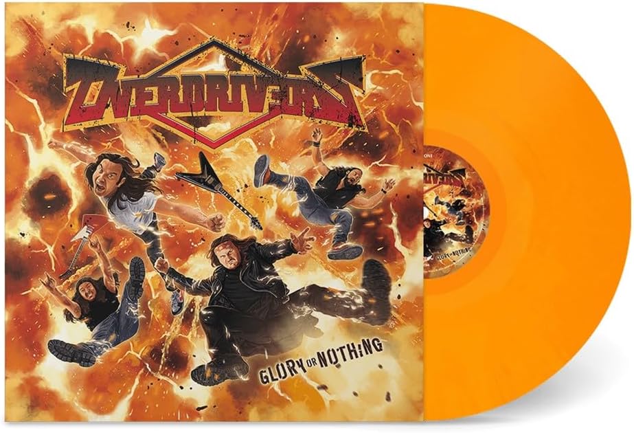 Orange vinyl record with album art depicting a band in action.