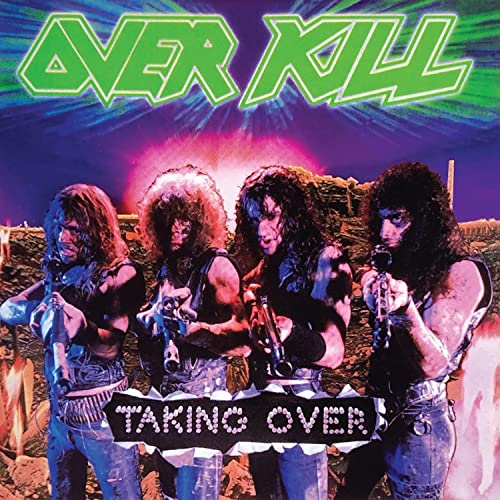 Overkill "Taking Over" vinyl album cover with band members and weaponry.