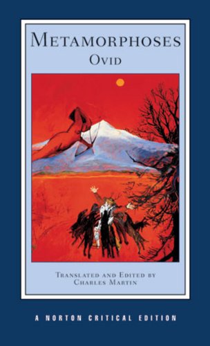 Book cover for Ovid’s “Metamorphoses” with red sky and figures.