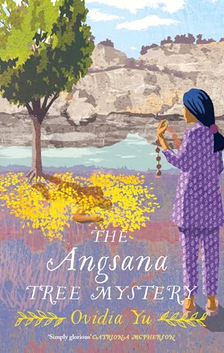 Book cover with a woman, tree, and flowers against a mountain backdrop.