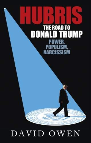 Book cover: "Hubris - The Road to Donald Trump" with a spotlighted figure.