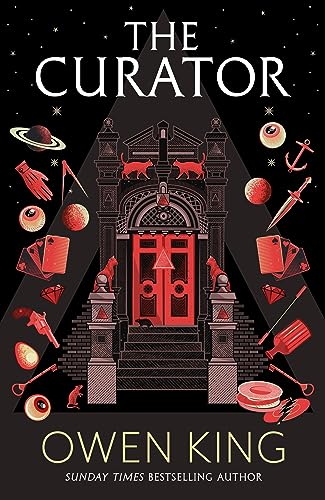Book cover: "The Curator" by Owen King, with red symbols on black.