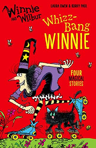 Winnie the witch and Wilbur the cat roller skate on red background.