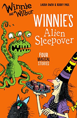 Book cover: witch, alien, cat, and cake on an orange background.