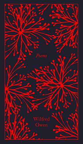 "Book cover with dark background, red floral patterns, and red text 'Poems' and 'Wilfred Owen'."