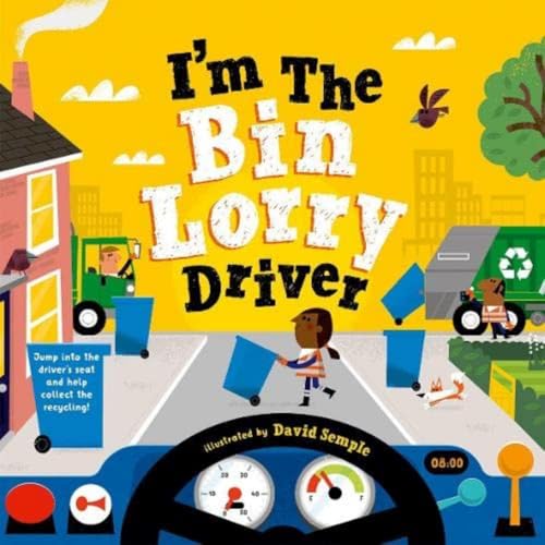 Book cover showing a bin lorry driver's perspective with steering wheel, street, and bins.