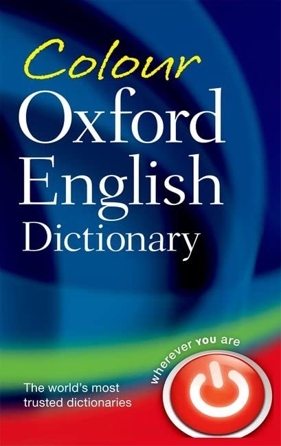 Front cover of the Colour Oxford English Dictionary with a red power button icon.