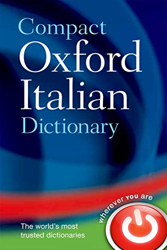Compact Oxford Italian Dictionary book cover with blue background and red power button icon.