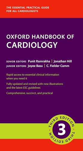 Cover of "Oxford Handbook of Cardiology," third edition, purple and orange.