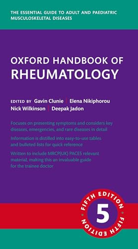 Dark blue “Oxford Handbook of Rheumatology” fifth edition medical textbook.