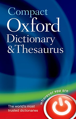 Blue cover of "Compact Oxford Dictionary & Thesaurus" with a power button logo.