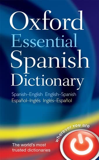 Oxford Essential Spanish Dictionary book cover with blue background and a red power button.