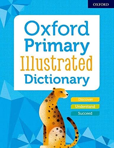 Oxford Primary Illustrated Dictionary book cover with a cheetah illustration on a blue background.