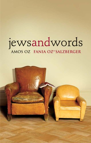 Book cover with title “Jews and Words” and two worn leather armchairs.