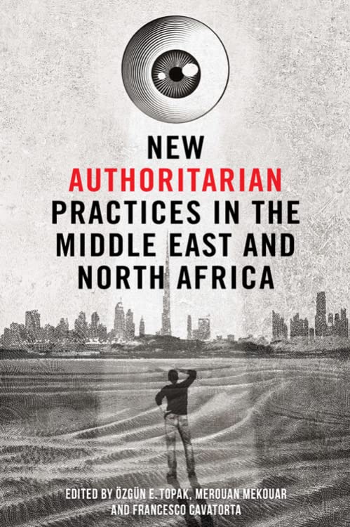Book cover: eye graphic, city skyline, and title "New Authoritarian Practices.