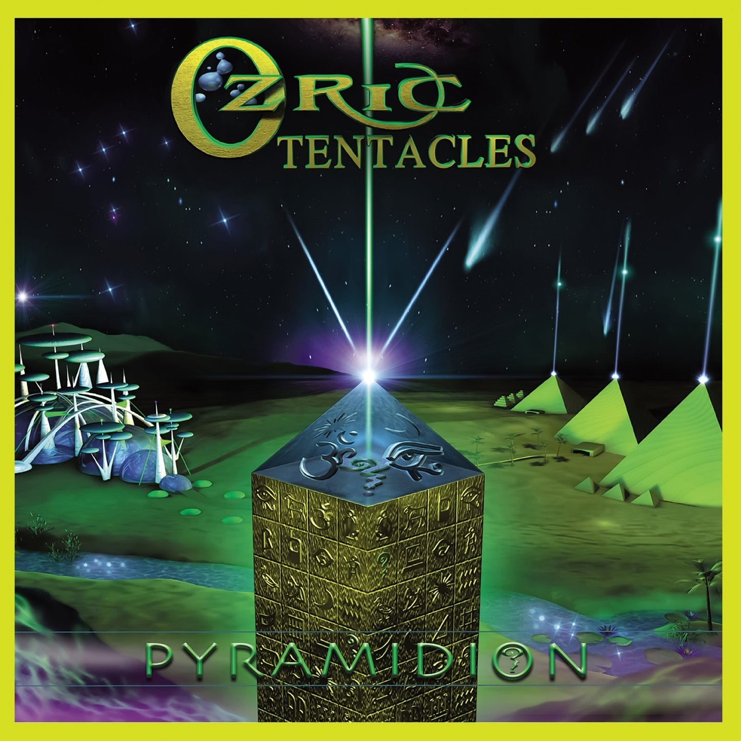Album cover: pyramids, glowing crystal, and stylized band logo in space.