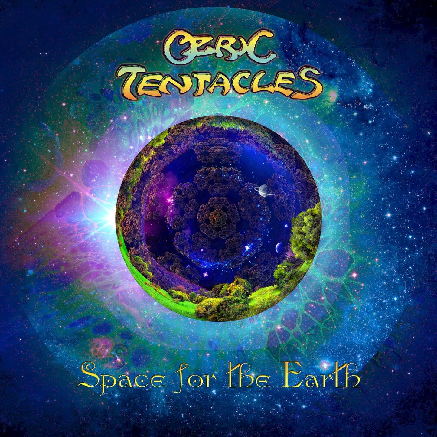 Album cover featuring a psychedelic fractal planet floating in a vibrant, starry blue nebula.