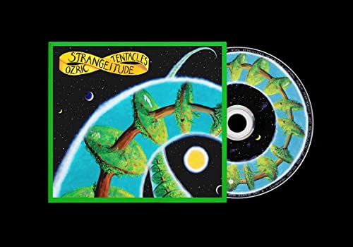 CD cover for Ozric Tentacles’ “Strangeitude” with swirling trees and planets.