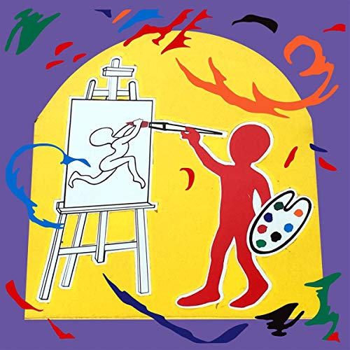 Red figure painting on an easel, holding a brush and palette, against a purple background.