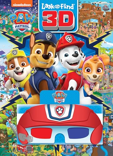Paw Patrol characters with 3D glasses on a colorful “Look & Find” book cover.